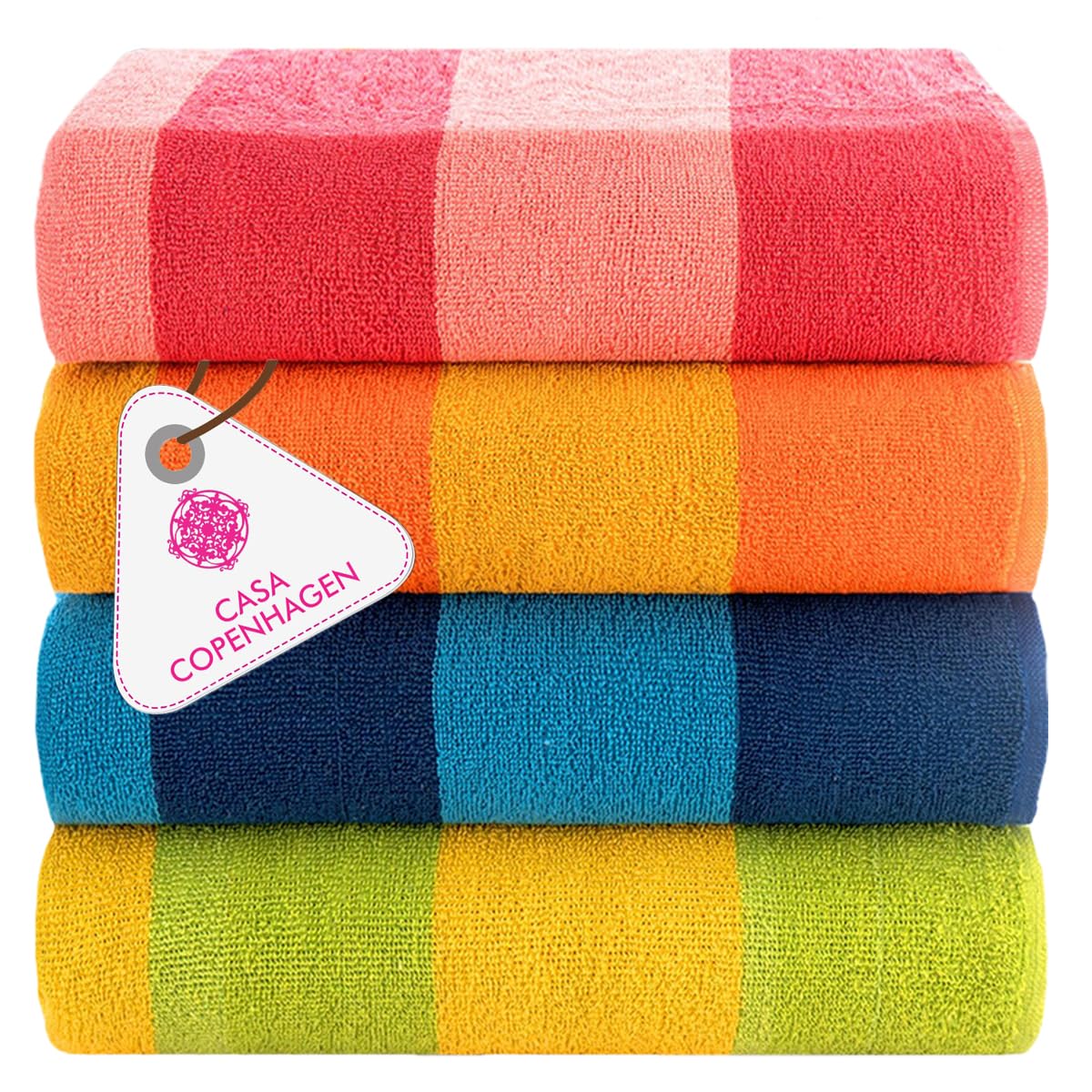 Casa Copenhagen Malibu Towel 4Pcs Orange,Blue,Pink,Green Designer Stripe Beach Towels Gift Set 30"x60" Oversized 100%Cotton Pool Bath Towel for Beach Gift Set (Perfect Summer Gift Set For Women & Men)