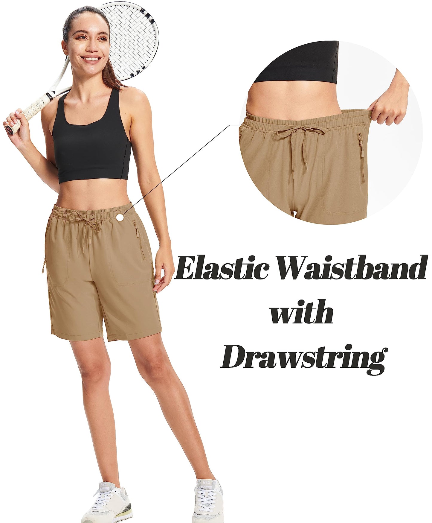 MAGCOMSEN Hiking Shorts Woman 7 Inch Inseam Quick Dry Lightweight Running Shorts with Pockets Active Khaki 2XL