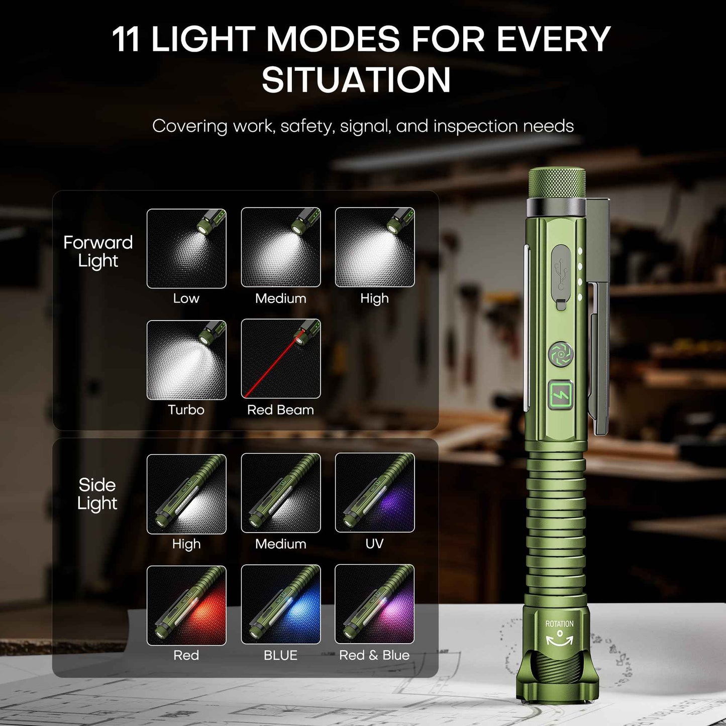 EDC Pen Flashlight Rechargeable,800 Lumen Small Flashlights with Magnetic Clip & Base, 11 Modes LED Pocket Flashlight,Glass Breaker&Bottle Opener, USB-C Flash light for Working,Home and Emergency