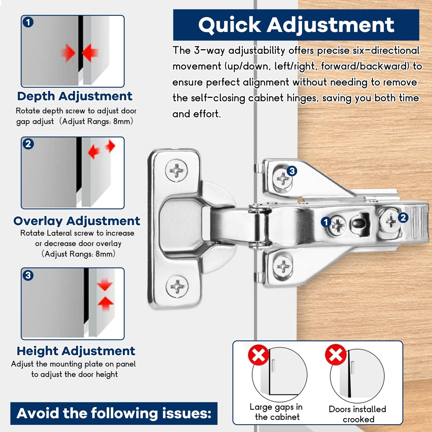 30 Pack 1/2'' Overlay Face Frame Soft Close Hidden Cabinet Hinges, 105 Degree 3D Adjustable Clip On Plate Concealed Kitchen Cupboard Door Hinges with Screws
