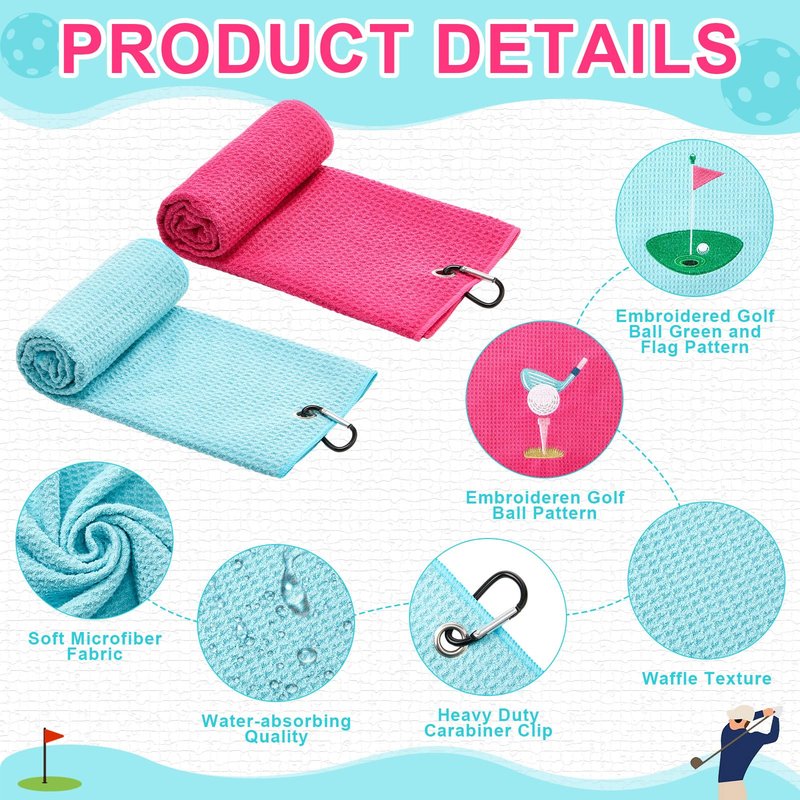 Mindsoft 2 Pieces Funny Golf Towel Microfiber Embroidered Ball Towels for Women Ball Bags with Clips Accessories Waffle Pattern for Mother Golf Fan Birthday Gifts(Hot Pink Blue,Elegant Style)