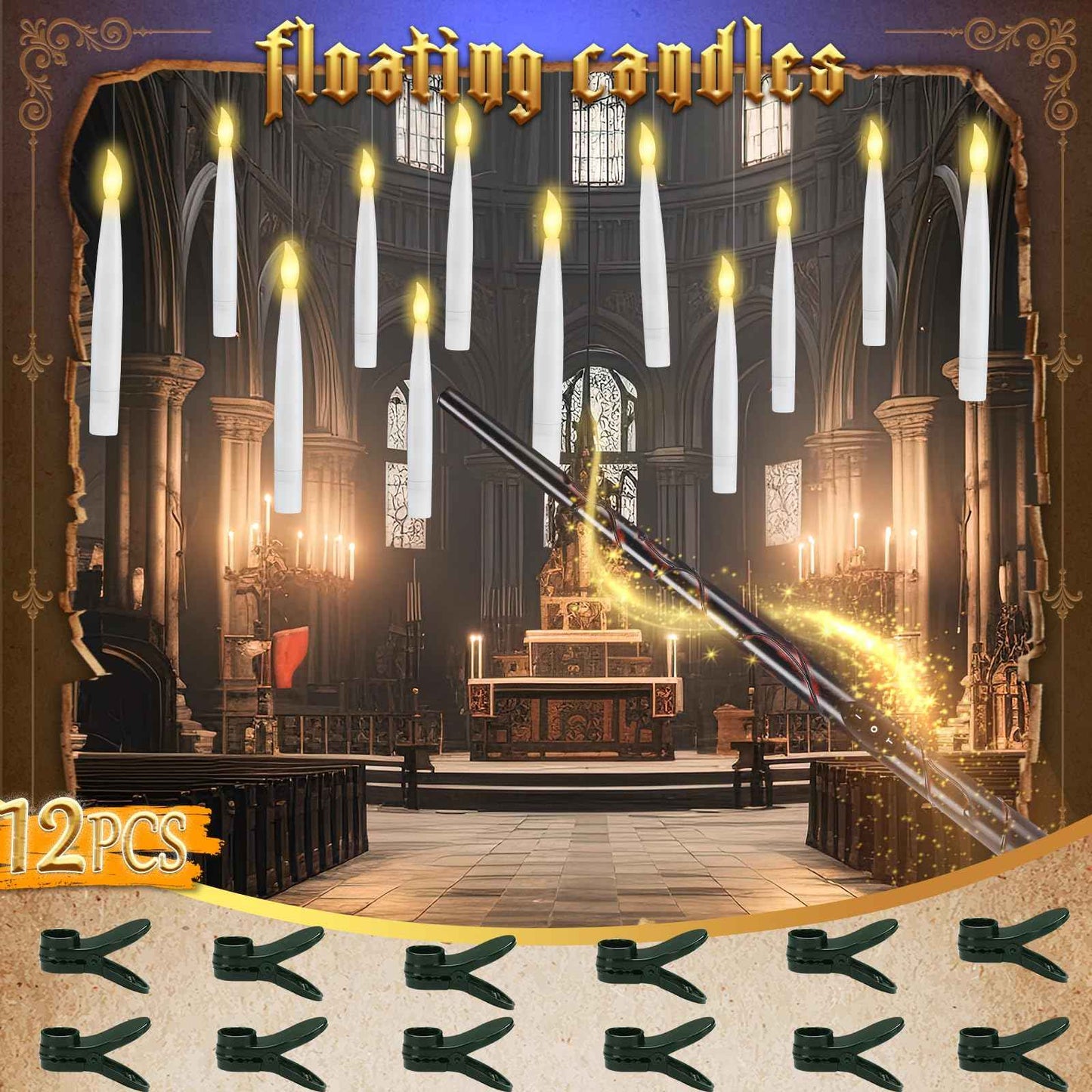 Halloween Decorations - Floating Candles with Wand & 6-Hour Timer - Flameless LED Hanging Candles with Clip, Battery Operated Window Taper Candle for Indoor/Outdoor Halloween & Holiday Decor 12PCS