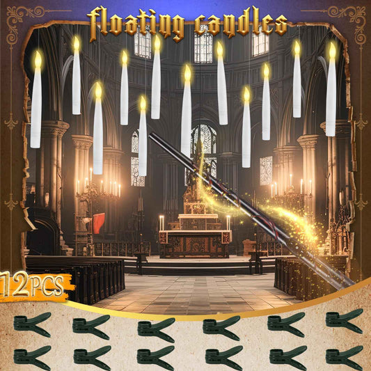 Halloween Decorations - Floating Candles with Wand & 6-Hour Timer - Flameless LED Hanging Candles with Clip, Battery Operated Window Taper Candle for Indoor/Outdoor Halloween & Holiday Decor 12PCS