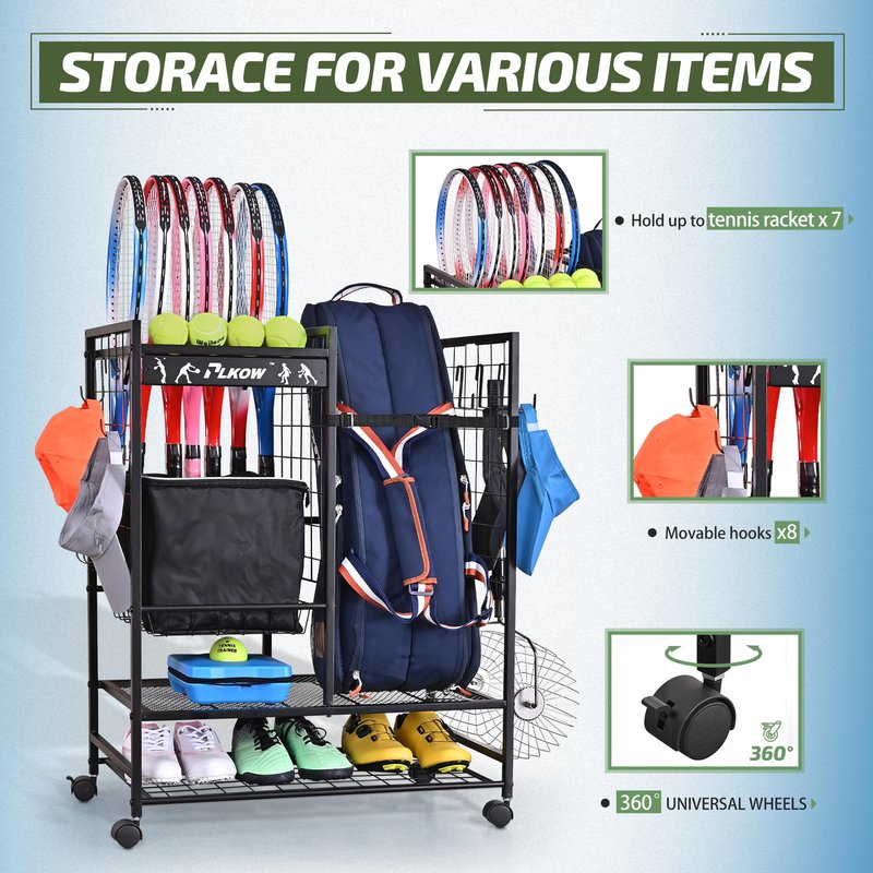 PLKOW Tennis Bag Organizer Tennis Racket Storage Rack, Tennis Equipment Holder for Bags, Balls, Racquet & Accessories, Versatile Gear Organizer for Garage, Club, or School