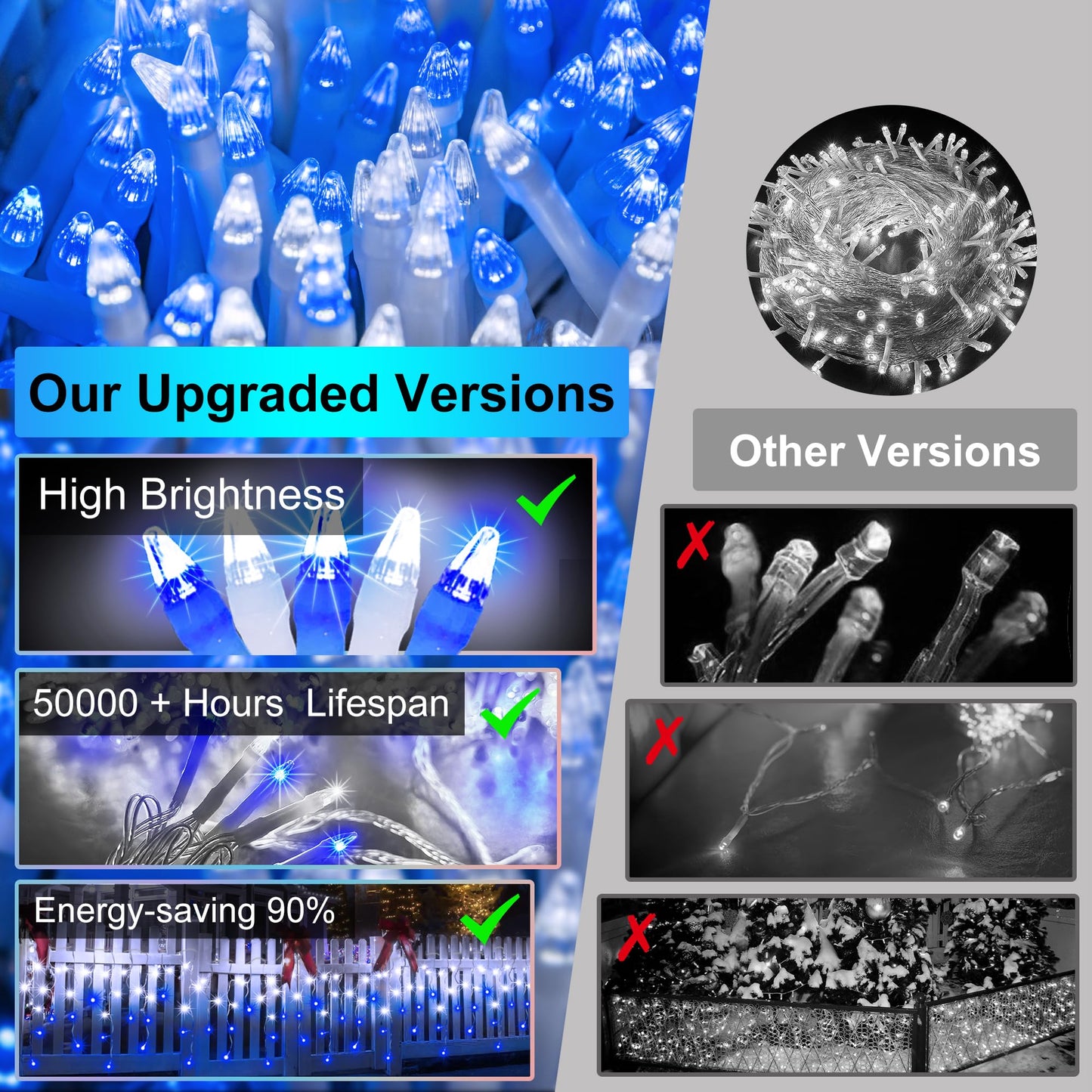 1296 LED Outdoor Christmas Lights with 288 Drops, 131FT Christmas Fairy Lights with 8 Modes Timer, Twinkly Lights IP44 Waterproof for Eaves Yard Holiday Wedding Party Decor Blue & Cool White