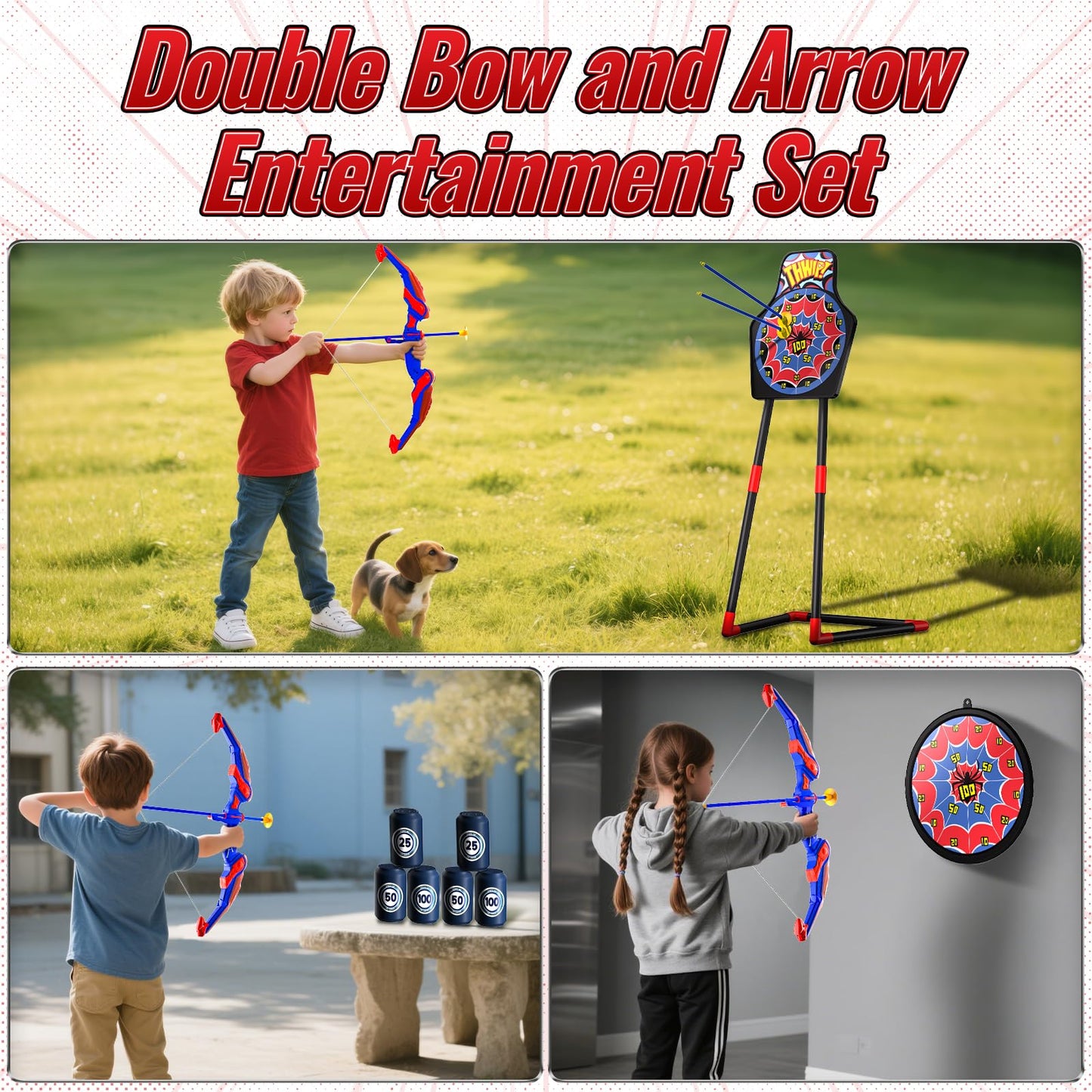 Spider Bow and Arrow Set for Kids, Led Light Up Kids Archery Set with Quiver & Web Target, 10 Suction Cup Arrows & another 3 Target Cans, Birthday Gift toys for 3 4 5 6 7 8 Year Old Boys Girls