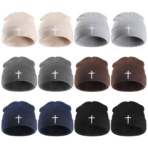 Coume Christian Cross Beanie Hats Homeless Donation Jesus Cuffed Skull Cap Warm Beanies for Men Women Church Winter Gifts(Classic Color,12pcs)