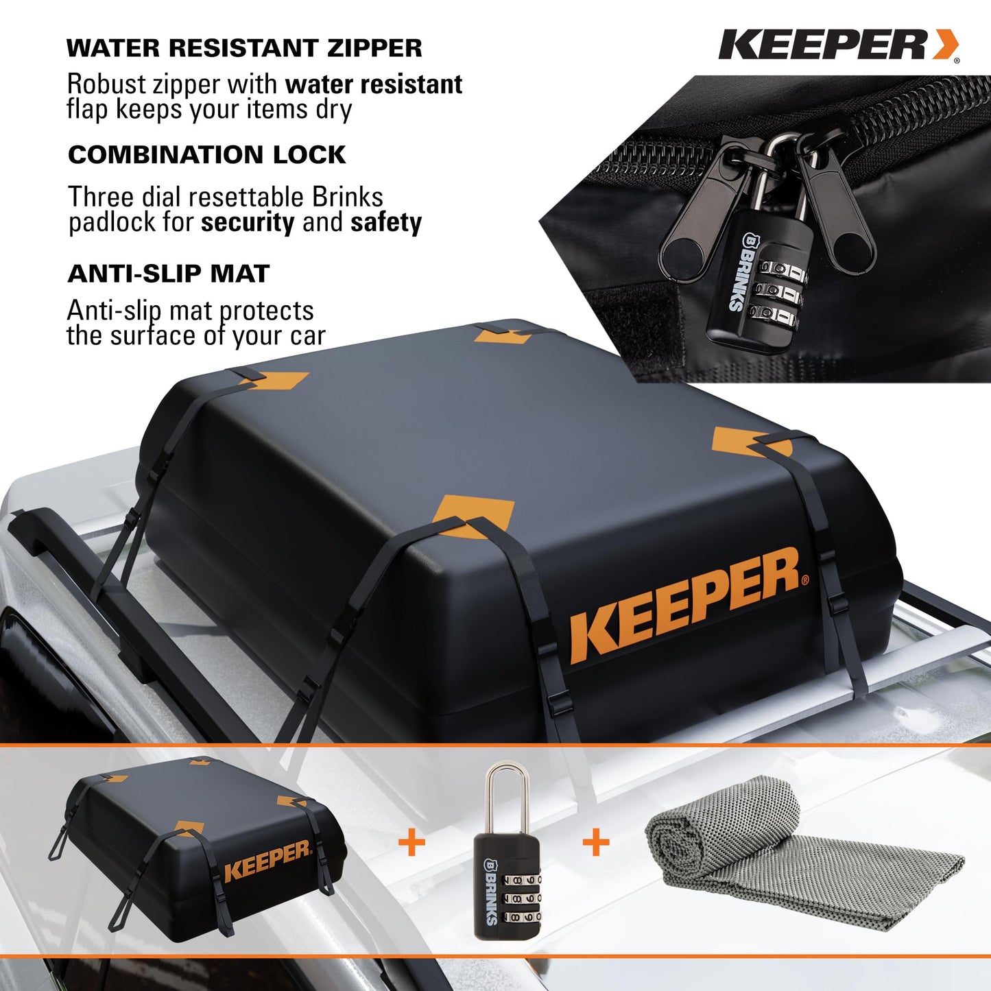 Keeper 15 Cubic Feet Rooftop Cargo Carrier Bag, Weatherproof for Top of Car, for All Vehicles Roof Rack, Accessories Include Anti-Slip Mat + Bonus Luggage Lock