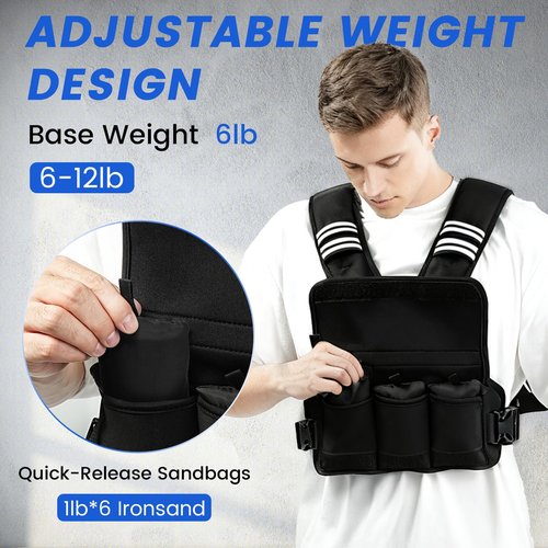 KUKZO Adjustable Weighted Vest Woman Men, 6-12lb Weight Vest with 6 Ironsand Weights for Strength Training Rucking Running Walking Fitness Workout, Black