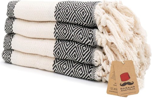 Bazaar Anatolia Hand Towels - Set of 4 Decorative Turkish Towels | 39" x 19" - 100% Cotton, Diamond Black
