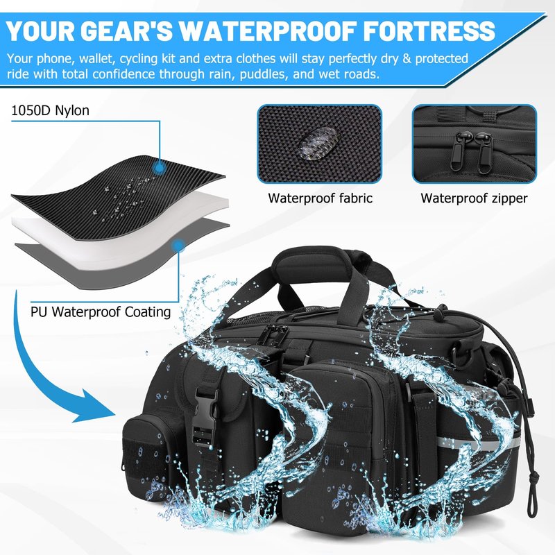 CDYWD 1050D Waterproof Rear Bike Rack Bag, 15L Large Bicycle Trunk Bag with Shoulder Strap for Cycling Commuter Shopping Travel, Bike Back Cargo Rack Bike Saddle Bag for Ebike, MTB, Cruiser, City Bike