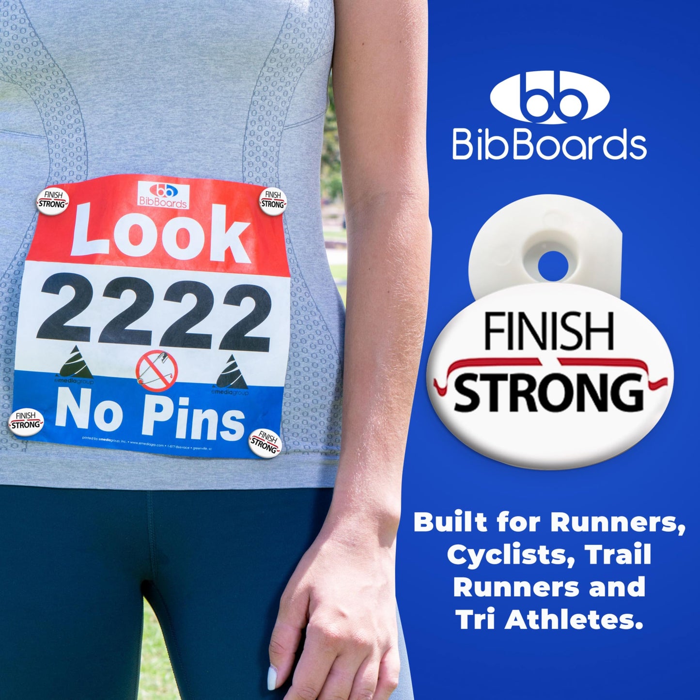 bibSNAPS Race Bib Clips - Safety Lock Fasteners - Secures Running, Marathon, Cycling and Event Number, Non Magnetic, Easy to Use & Reusable - Replacement for Pins & Magnets - Finish Strong (4pcs)