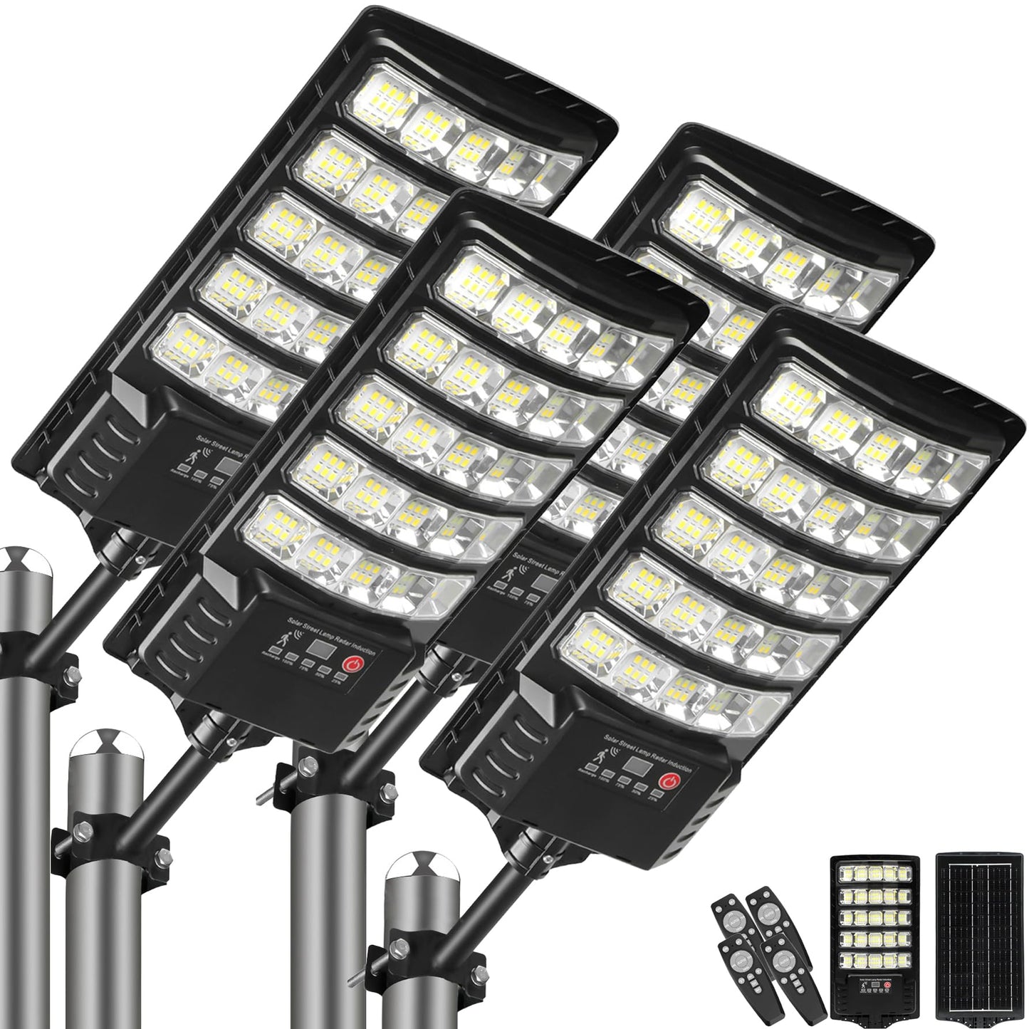 4-Pack Solar Street Lights, 30000lm Outdoor Flood Light, 2 Motion Sensor Modes, Dusk to Dawn, IP66 Waterproof Solar Powered Parking Lot Light with Remote Control, 6500k Dimmable Security Lamp