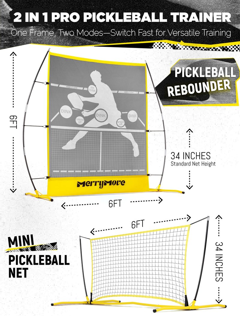 MerryMove Pickleball Practice Rebounder Net: Pickleball Rebounder or 6FT Mini Pickle Ball Net Portable for Outdoor Driveway Backyard and Indoor Garage - 2in1 Trainer for Dink Volley Training