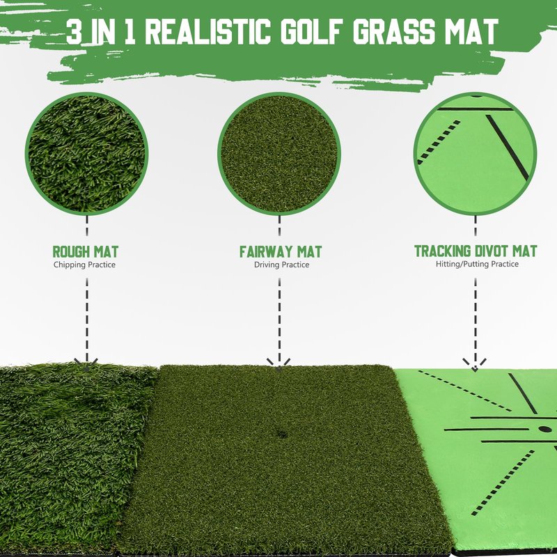 Golf Hitting Mat Training System, 3-in-1 Training Mats for Swing Path Feedback, Fairway, Rough Mats with No-Slip Heavy-Duty Rubber Base, 16"x12" Golf Practice Mat for Golfers, Beginners & Pros