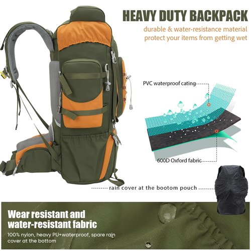 Bseash 70L (65+5) Waterproof Hiking Camping Backpack with Rain Cover, Outdoor Sport Travel Daypack for Climbing Touring (Army Green)