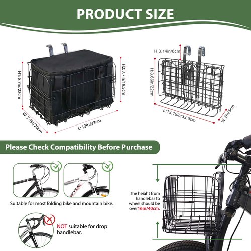 LIQING Bike Basket Front Folding Bicycle Basket with Removable Liner Bag, Quick Release Design Metal Ebike Basket for Adult Women/Men Carrying Dogs, Pets, Fruit & Grocery (XL-Black)