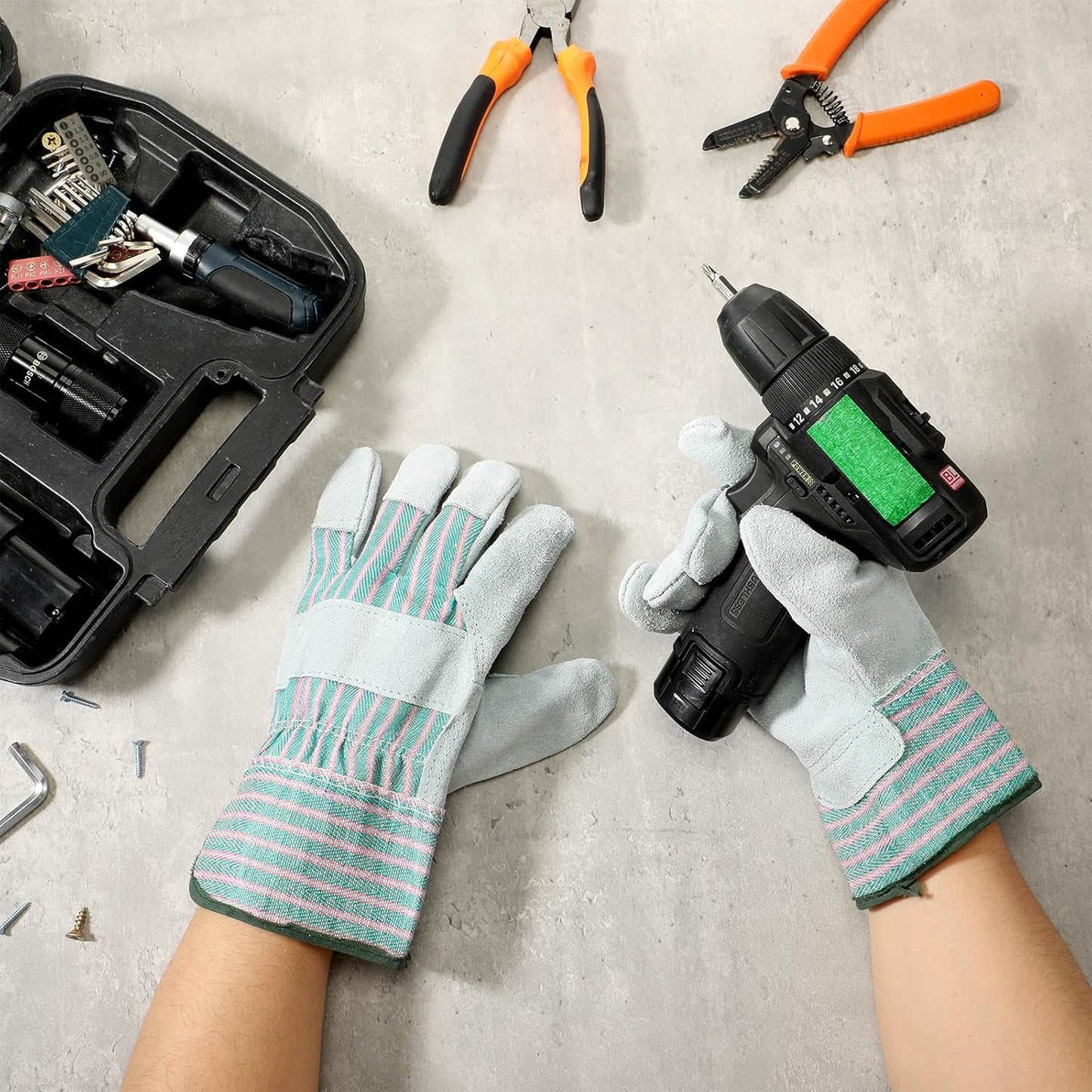 Skiennix Large Leather Work Gloves - Heavy Duty Cowhide Driver Gloves | 12 Pairs, 11 x 5.1 Inch, Safety Cuff