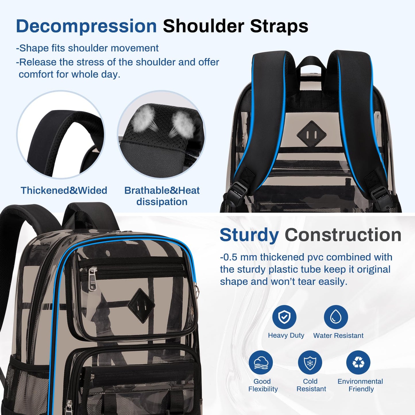 Clear Backpack for School, PVC Clear Bookbag Heavy Duty Transparent Backpack for Stadium Events Multiple Pockets See Through Bag for Teens Students Women Men with Leather Pendant, Semi Black