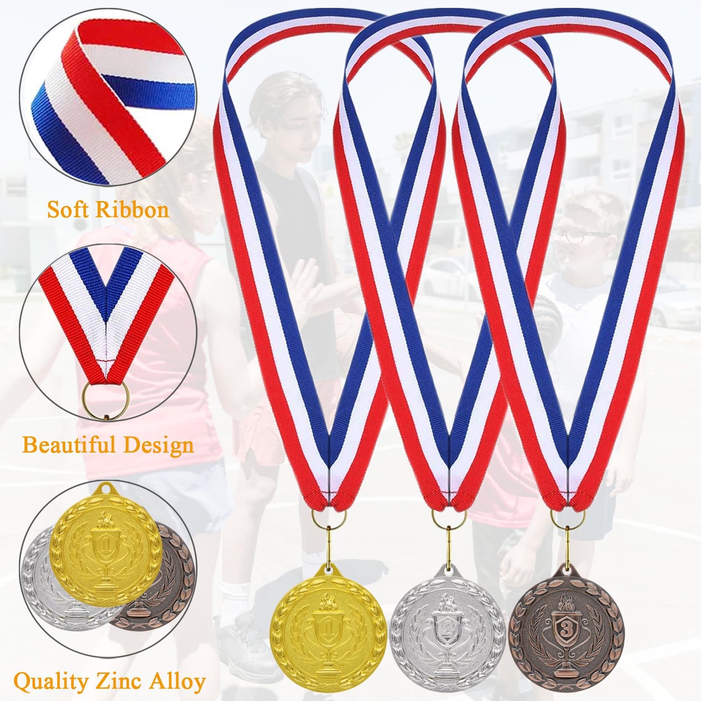 Donrime Medals for Awards, 12 Pieces Gold Silver Bronze Metal Medals Winner Medals with Ribbon Necklace for Sports Day Prizes, Gymnastics Competitions, Party Gifts, Kids Adults