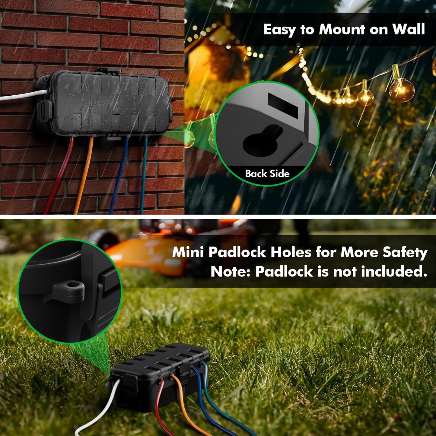 RESTMO Outdoor Electrical Box, IP54 Weatherproof Extension Cord Cover with 6 Cable Entry Ports, Waterproof Connection Box Protect Power Strip, Timer, Plug, Holiday Lights, (11.5x5.2x4 inch), Black