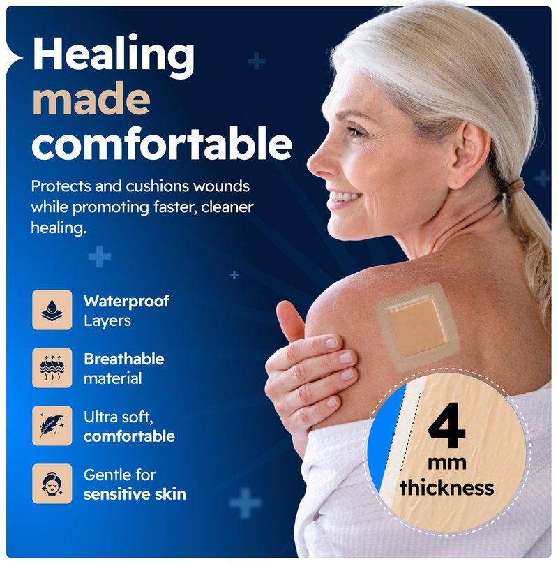 Silicone Foam Dressing 4x4 with Border Adhesive - 4mm Extra Thick Wound Dressing First Aid Bandage for Wound Care - 12 Pack