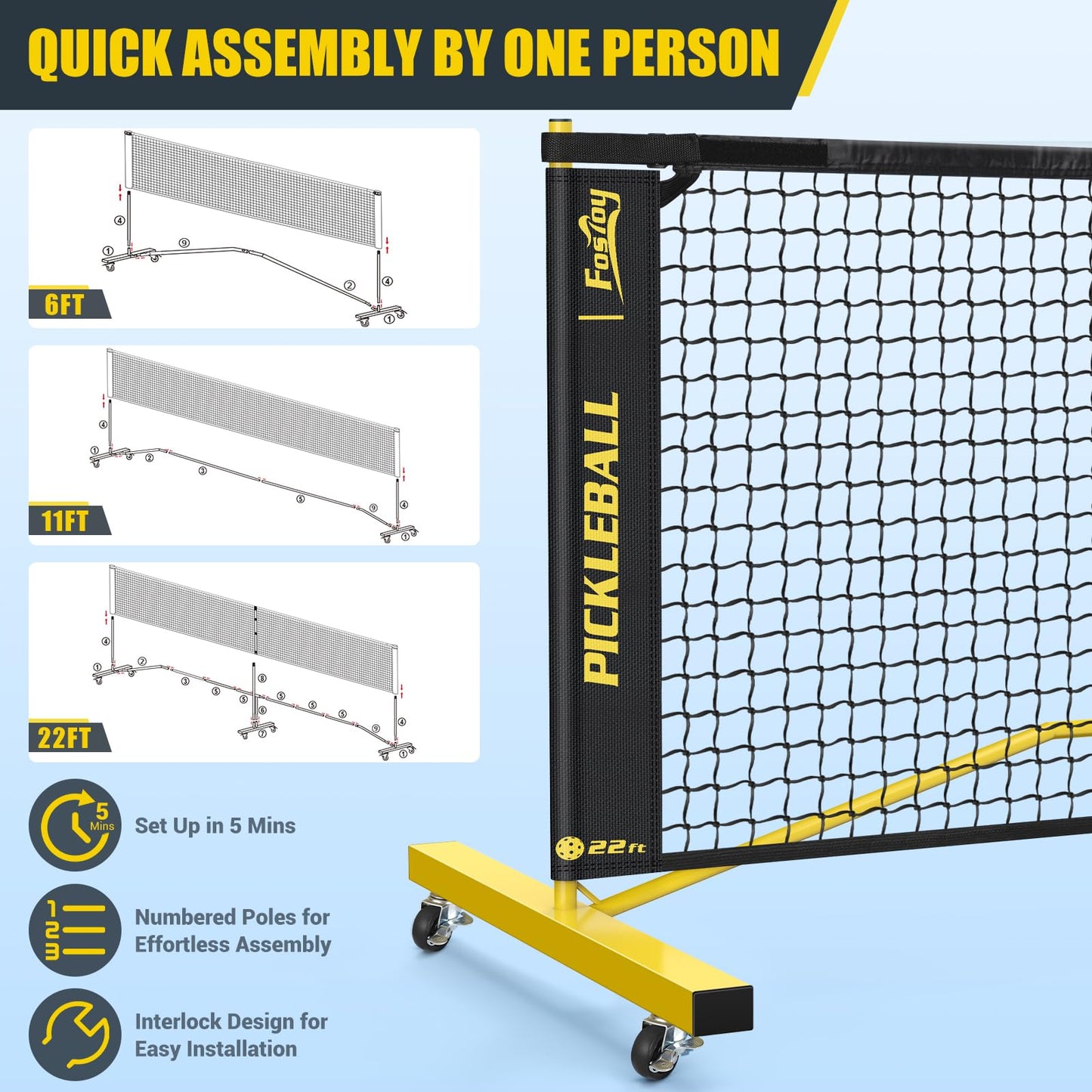 Pickleball Set Net with Wheels, Portable 3in1 Pickle Ball Net with Carry Bag- 3 Size Options, Designed for All Weather Conditions, Steady Metal Frame & Take Down for Practice & Games (Black&Yellow)