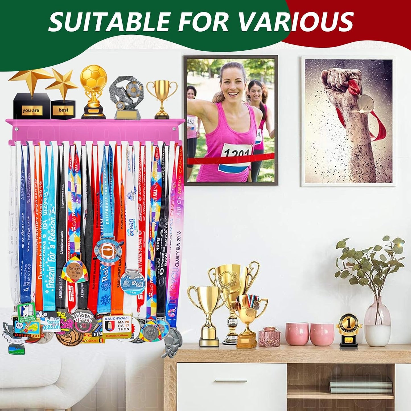 Skiennix Non-Slip Trophy Shelf | Medal Display Rack with 16-Inch Length for Gymnastics, Soccer, Swim