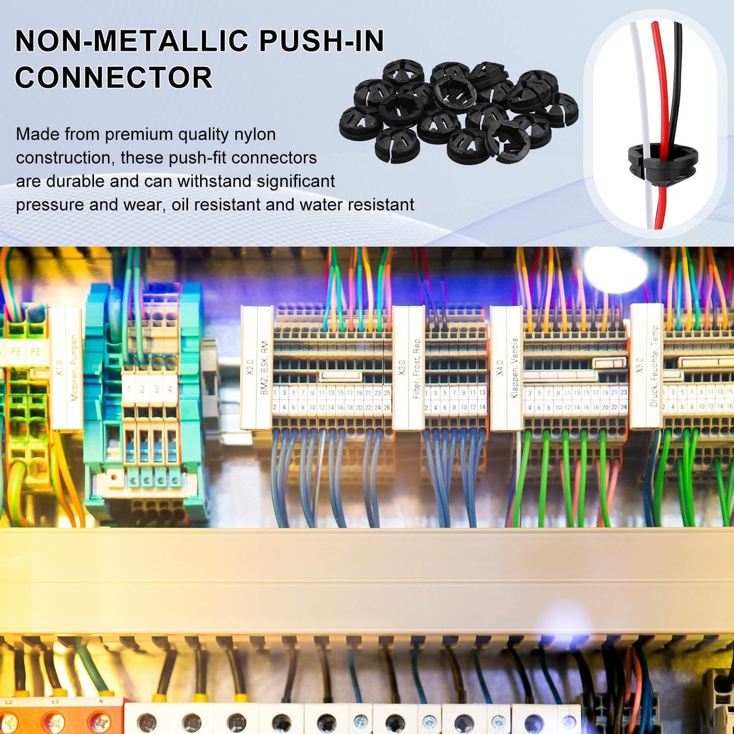 50pcs Push-in Cable Connectors, 3/8 Inch Trade Size Non-Metallic Push In Connector Plastic Electrical Box Wire Inserts Button Push-in NM Cable Clamps Connector for 1/2 Inch Knockouts (Black)