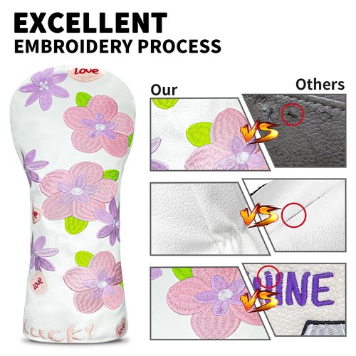 Golf Head Cover Golf Club Peach Blossom Design Golf Covers PU Headcovers Set Fits Driver Fairway Wood Hybrid Utility Woods Iron Wedge Headcover.
