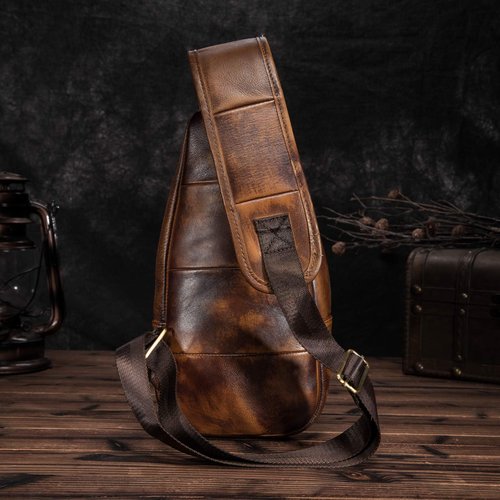 Le'aokuu Men Fashion Casual Tea Designer Travel Hiking Crossbody Chest Sling Bag Rig One Shoulder Strap Bag Men Leather 8015 (Gold)