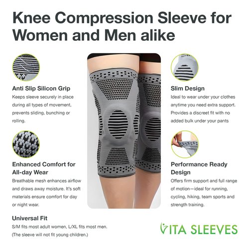 FREEZE2TRIM Vita Sleeves Knees 7-Zone Compression Sleeve Brace | Breathable Lightweight Support Sore Stiff Knee in Running, Sports, Workouts | Anti-Slip Grip, Moisture-Wicking (S/M-L/XL) (Large/X-Large)
