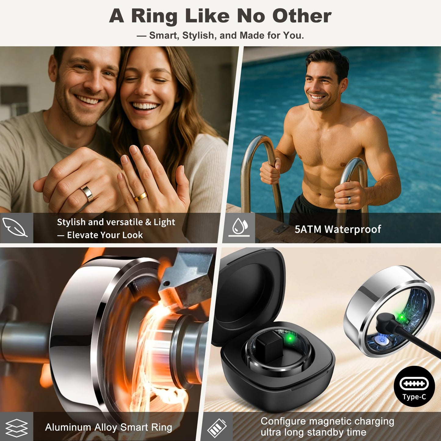 Smart Ring for Women Men,Fashion Modern Minimalist Fitness Ring & Sleep Tracker Ring with Heart Rate,Blood Pressure,Waterproof Health Ring,No Subscription,Travel-Friendly Couple Gift (Size 11,Silver)
