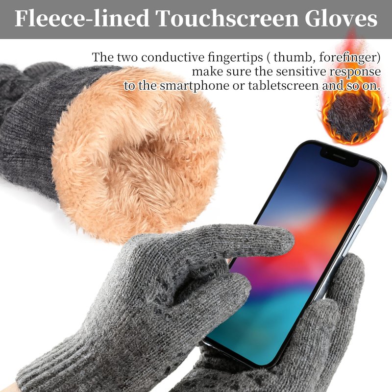 Men Beanie Hat Scarf Touchscreen Gloves Set Winter Warm Knit Fleece Lined Thick Thermal Neck Warmer Dark Grey Cap with Earflap for Cold Weather Outdoor