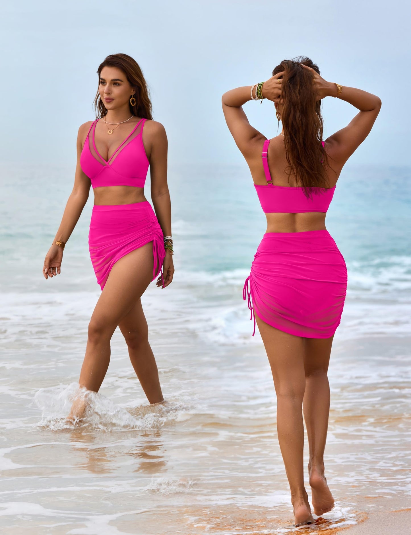 Blooming Jelly Women Swim Skirt High Waisted Bikini Tummy Control Swimsuits Two Piece Mesh Swimming Suits (M, Hot Pink)