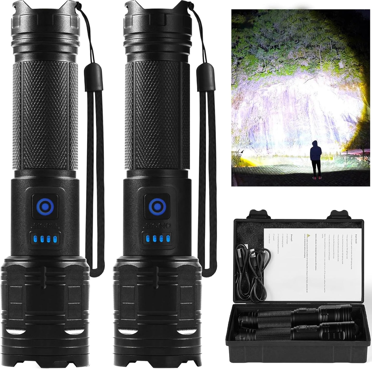90,000 Lumen Rechargeable LED Flashlights - 2 Pack Super Bright, 5 Modes for Home & Outdoor Use