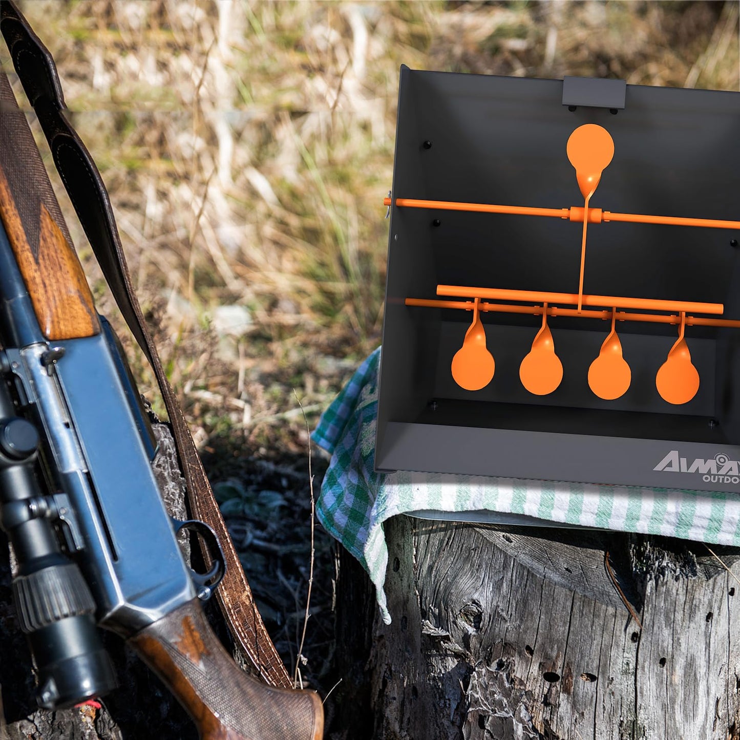AIMAX OUTDOOR Pellet Gun Target Trap with Center Shot - 12pcs Paper Targets and 4 Resetting Metal Shooting Targets for Airgun, Rifle, Rimfire, Perfect for Backyard, Outdoor, Indoor Shooting Practice