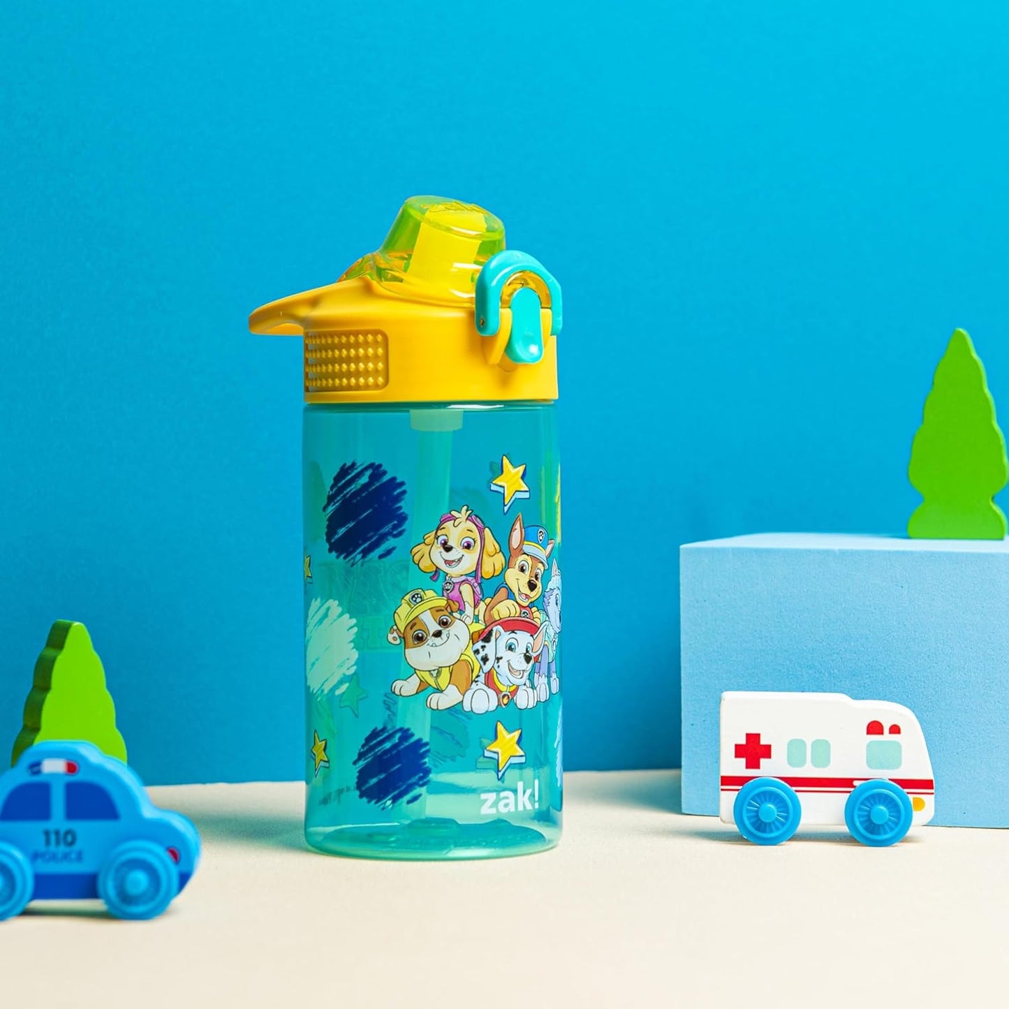 Zak Designs PAW Patrol Water Bottle - 16oz Durable Plastic With Straw & Leak-Proof Cover | Perfect for School & Travel