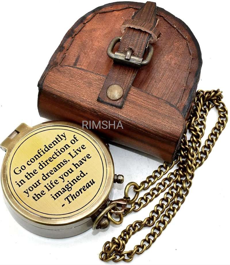 Thoreau's Quote Engraved Antique Nautical Directional Magnetic Compass with Leather Case - Go Confidently Brass Pocket Compass Baptism, Graduation, Christian Gifts for Men, First Confirmation Gift