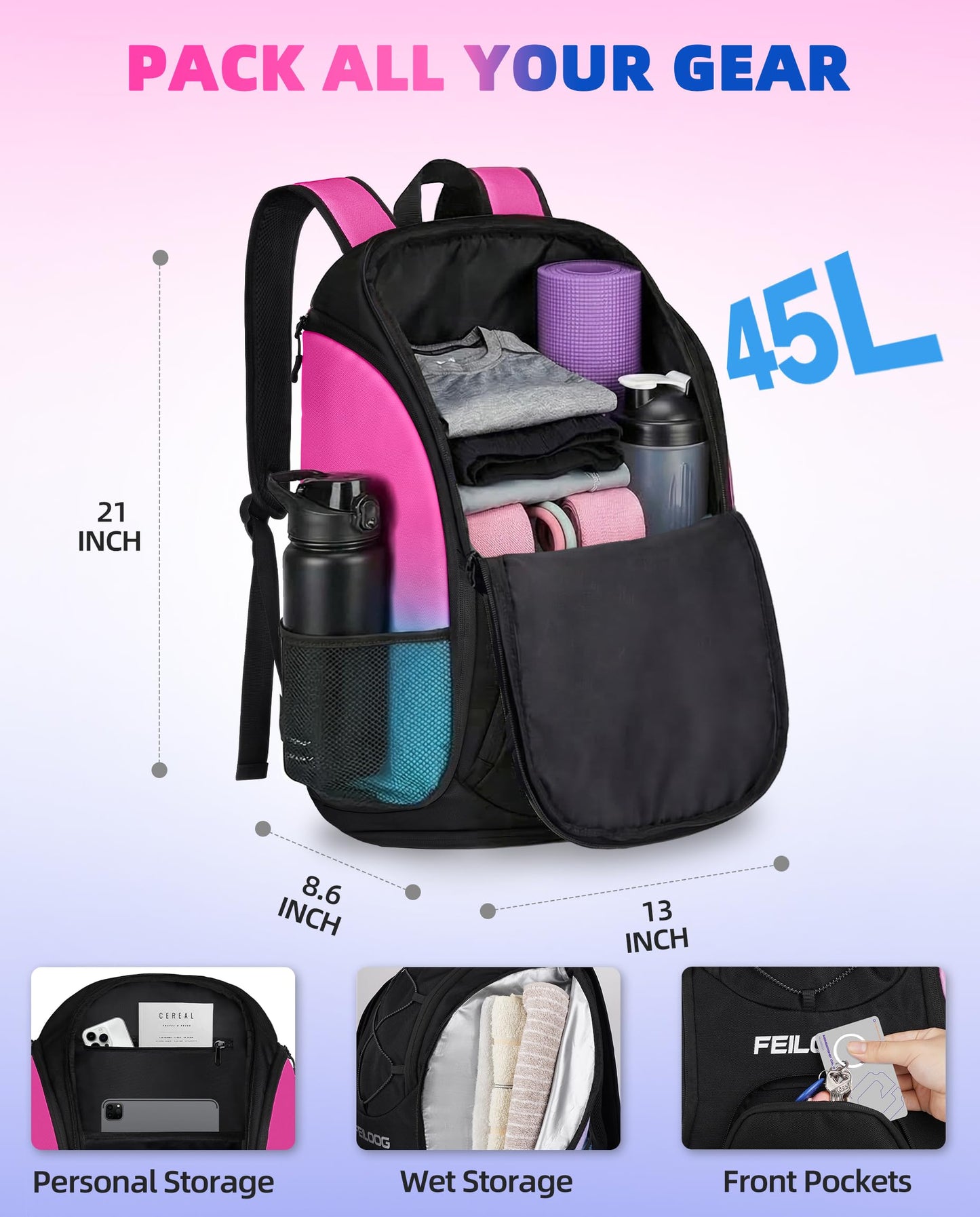 FEILOONG Gym Backpack for Women with Shoe Compartment, 45L Waterproof Sports Travel Backpack with Wet Pocket for Women Men, Durable Bag for Outdoor, Gym & Workout