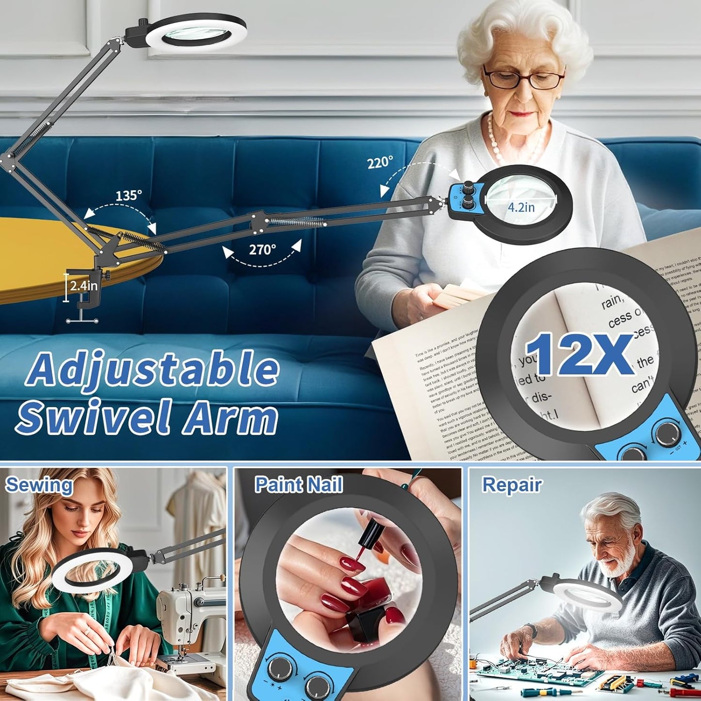 12X LED Magnifying Glass with Light & Clamp - Hands-Free Desk Lamp for Crafting & Reading