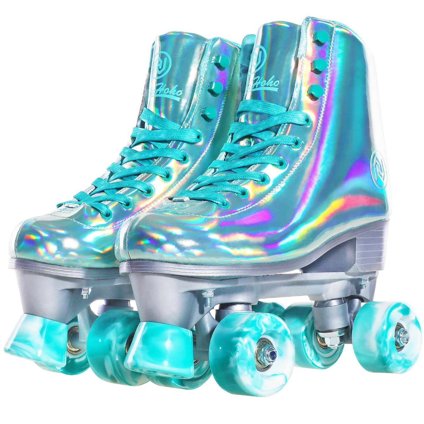 JajaHoho Roller Skates for Women, Shiny Holographic High Top Rollerskates, Double-Row Four Mixture Gradient Wheels Quad Skates for Girls Age 8-50 Indoor Outdoor (Size 8, Mint Green)