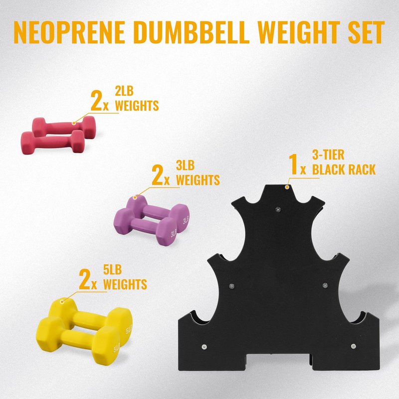 Fitvids Colored Neoprene Dumbbell Set with Rack, 20LB Set: 2/3/5LB Pairs, Color Series