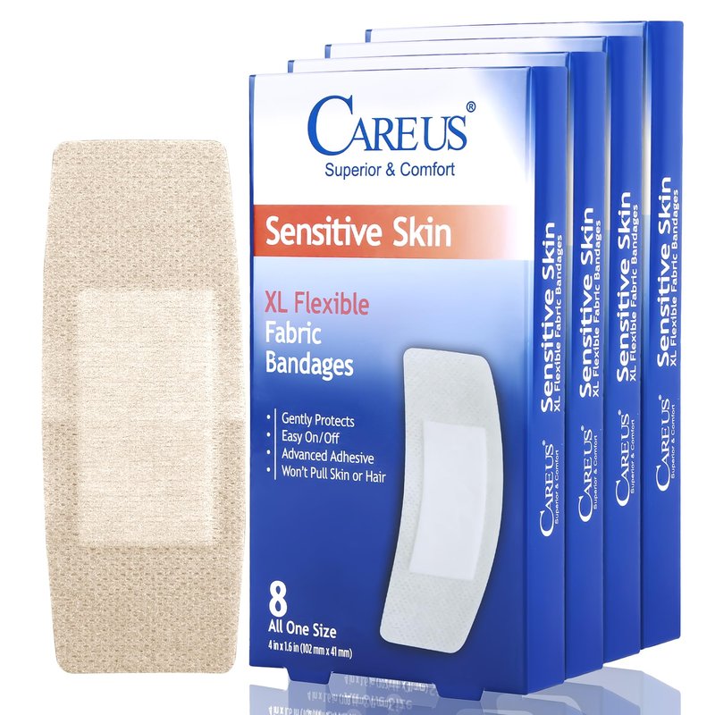 CareUs Silicone Adhesive Bandages for Sensitive Skin, 1.6x4 Inch 32 Count Large Flexible Fabric Latex Free Hypoallergenic Breathable Bandages for Adhesive Allergy Wounds