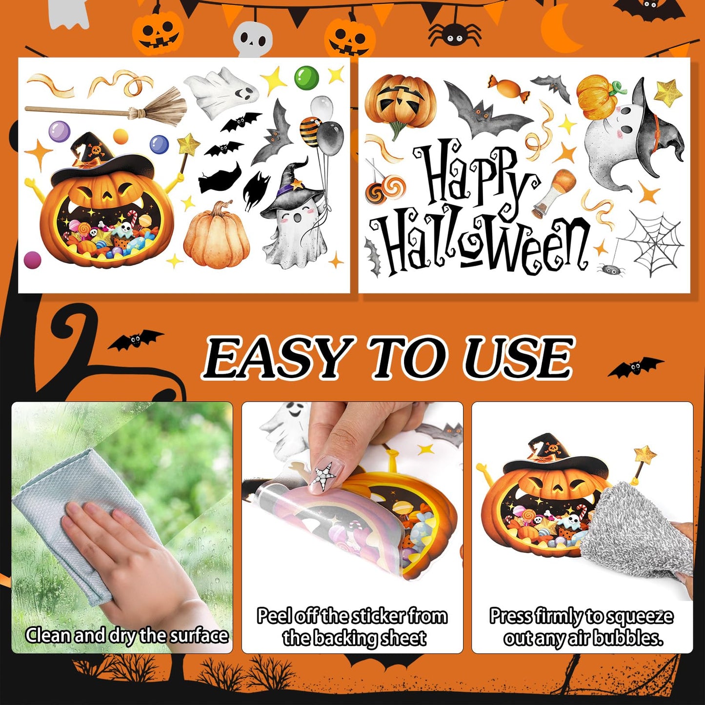 39Pcs Halloween Wall Stickers Cute Ghost Pumpkin Wall Decals Watercolor Peel and Stick Vinyl Decals Self-Adhesive Halloween Window Clings for Party Supplies Gift