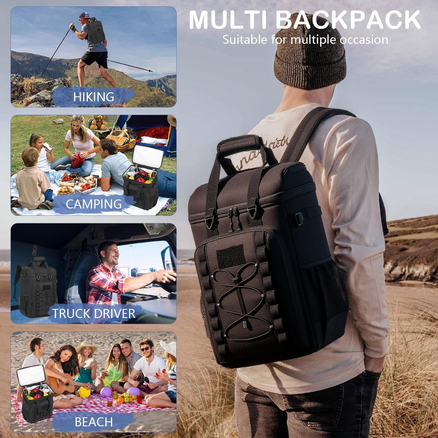 BISKLNDN Tactical Cooler Backpack - 42 Cans Backpack Coolers Insulated Leak Proof for Men & Women, Soft Cooler Insulated Backpack for Lunch, Work, Camping, Hiking, Picnic, Beach & Travel, Black
