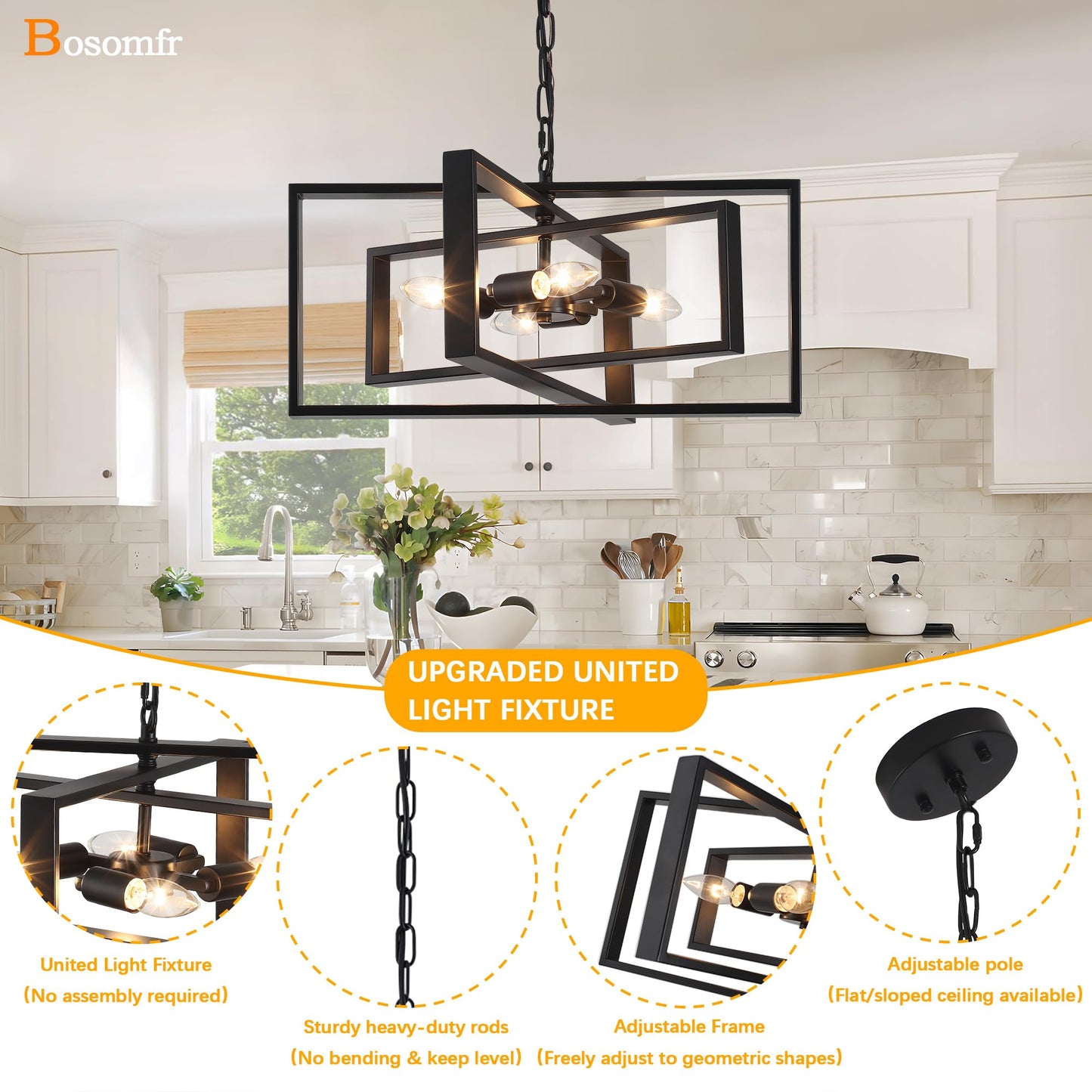 Bosomfr 19.7'' Modern Chandelier 4-Light, Black Farmhouse Light Fixture Cross Chandeliers for Dining Room Living Kitchen Island Bedroom Living,Rectangular Metal Industrial Hanging Ceiling Lighting