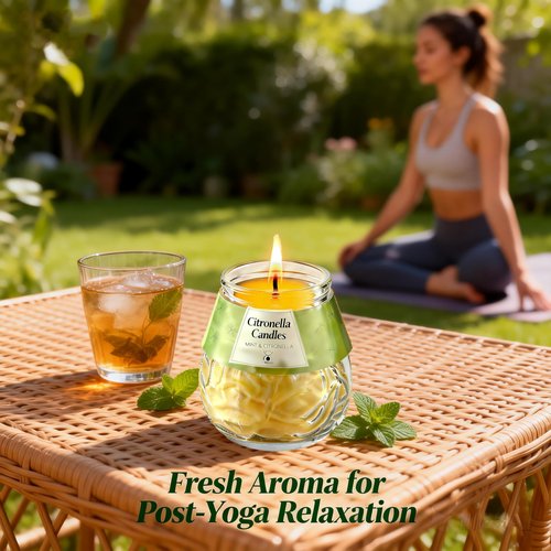 Indoor and Outdoor Citronella Candles, Natural Wax with Mint & Citronella, 25+ Hours Long Lasting Burn, Balanced Layered Scent, Smoke Free Candle for Patio, Garden & Camping