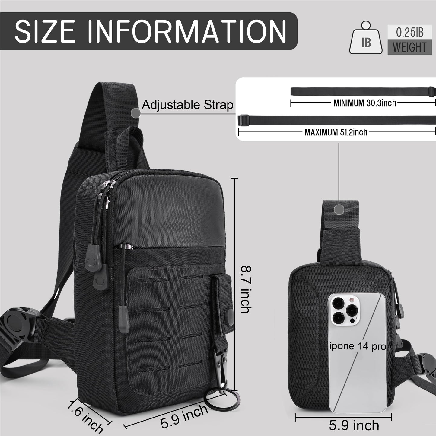 MOZETO Small Cross Body Bag, Mens Tactical Mini Sling YKK Zipper MOLLE Chest Bag Phone Holder Utility Chest Side Pack with 270° Buckle & Keychain