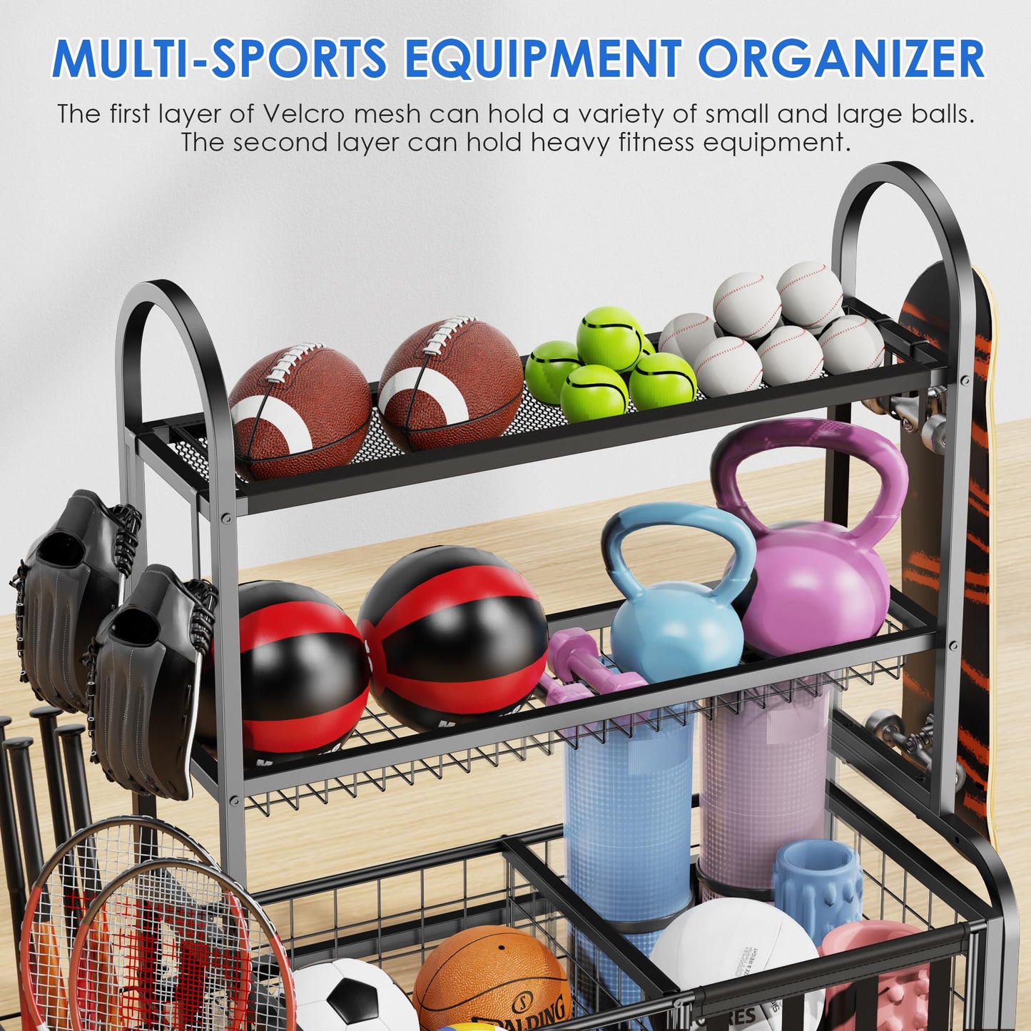 FULOOPHI Garage Ball Storage, 2 in 1 Sports Equipment Organizer, Garage Organizer with Basket and Hooks, Individually Movable Rolling Sports Ball Organizer Cart, Black
